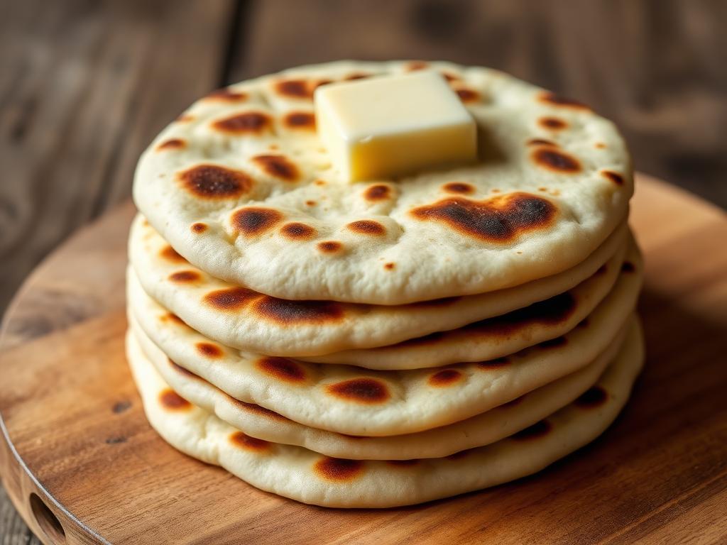 Pehmeitä pyöreitä pannuleipiä pinossa