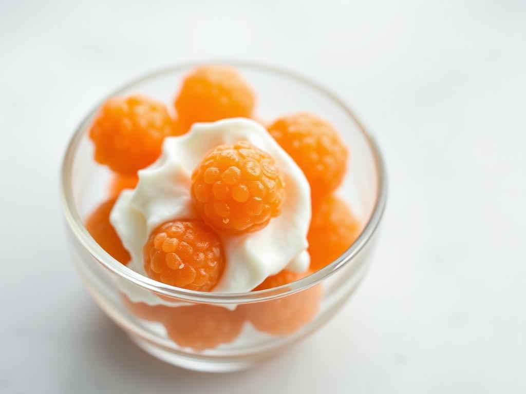 Oransseja lakkoja ja kermaa pienessä lasikulhossa