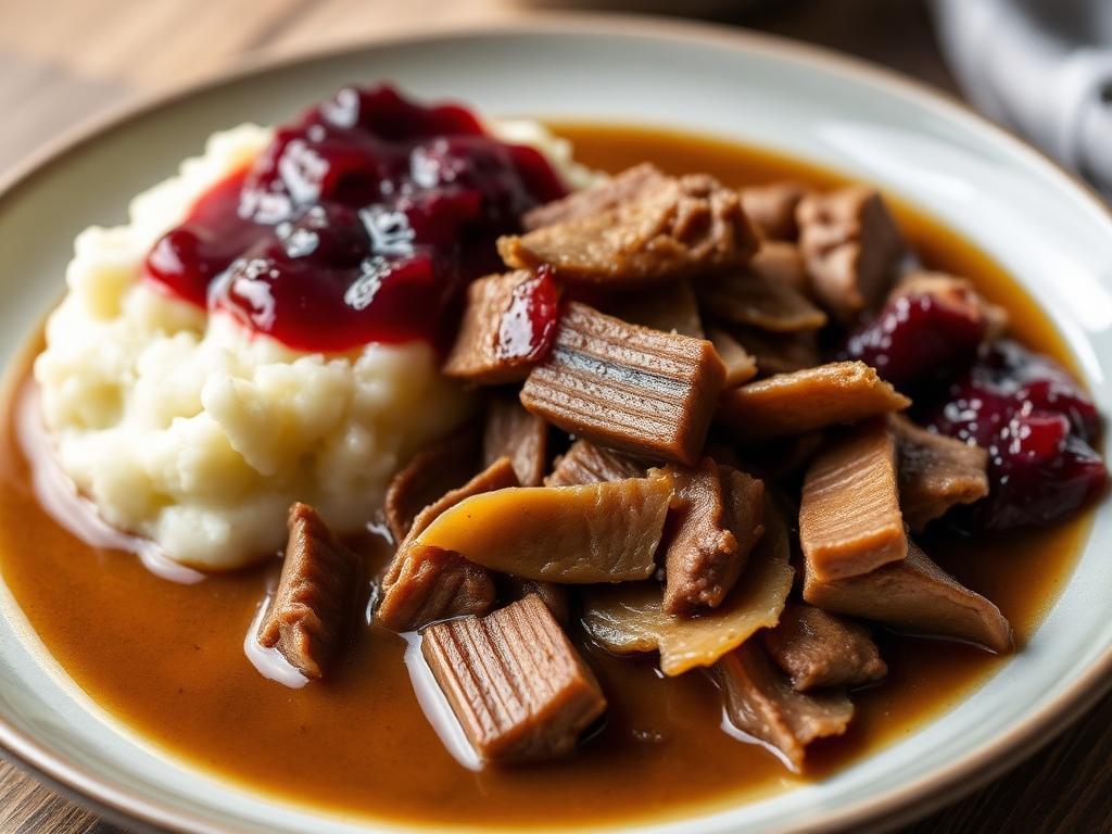 Ruskeaa höylättyä poronlihaa perunamuusin ja puolukoiden kanssa
