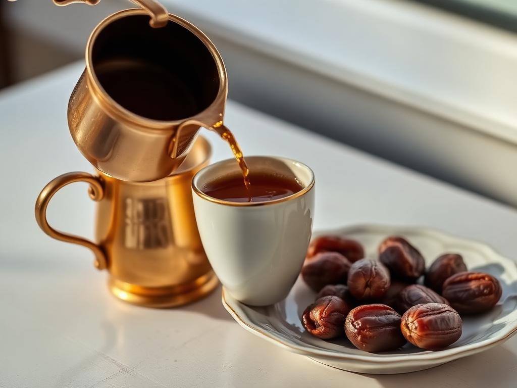 Kardemummakahvia pienessä korvattomassa kupissa taatelien kera