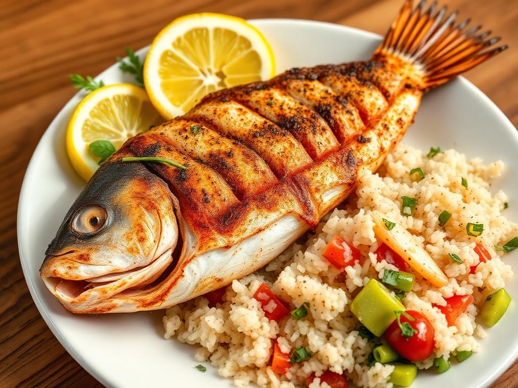 Grillattu kokonainen kala mausteilla ja limelohkoilla vadilla