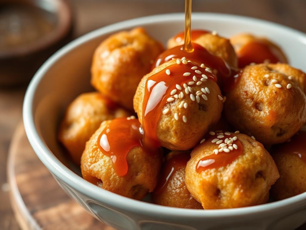 Pieniä friteerattuja taikinapalloja siirapissa seesaminsiementen kera
