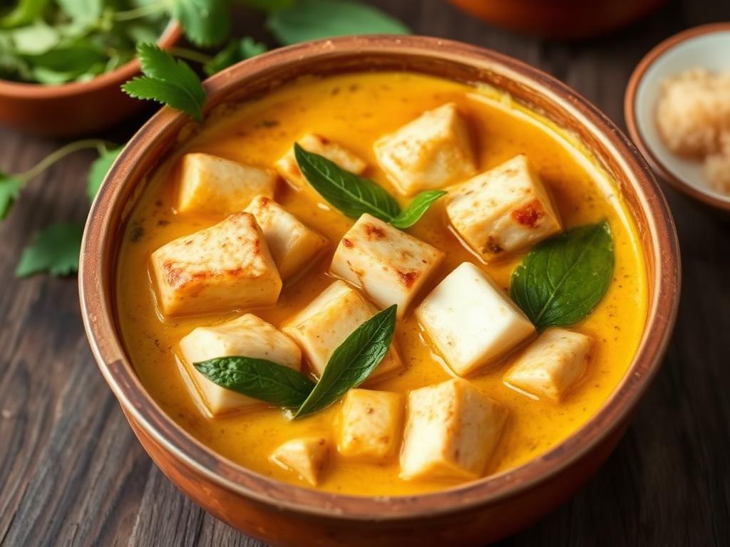 Kalacurrya kookoskastikkeessa savikulhossa