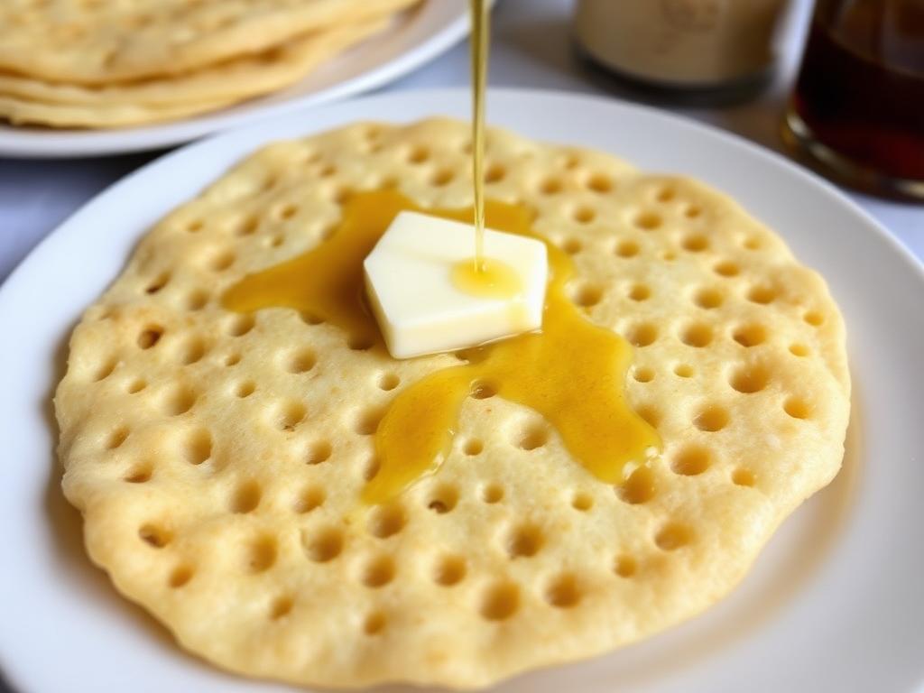 Huokoinen reikäinen pannukakku hunajan kanssa lautasella