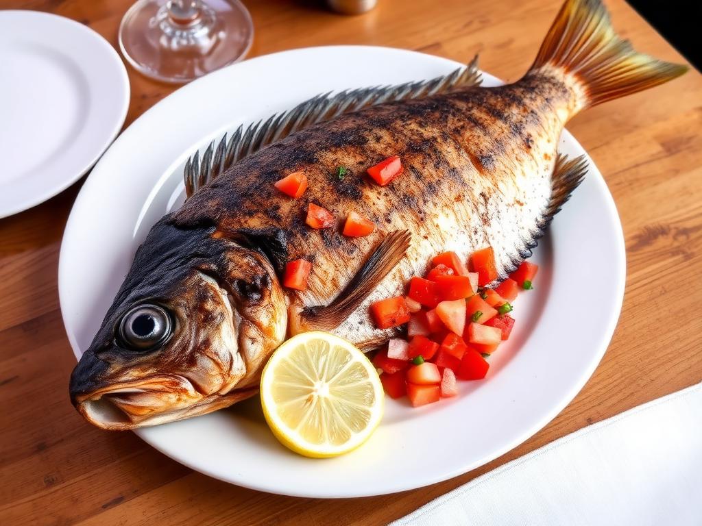 Kokonainen grillattu kala lautasella salaatin kanssa