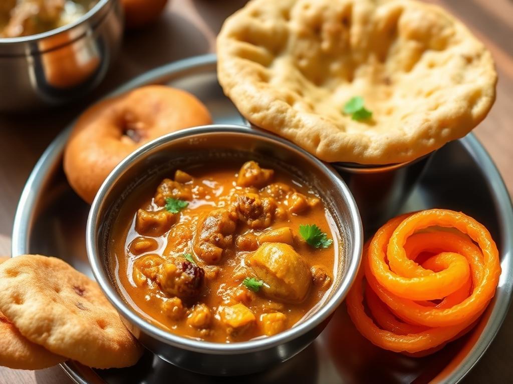 Paistettu pyöreä leipä perunacurryn ja oranssin siirappirinkilän kanssa