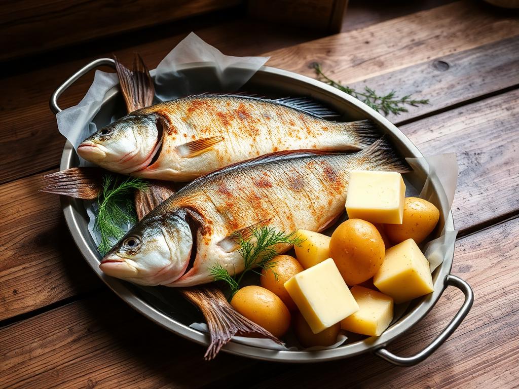 Kullanruskeita savustettuja kaloja tarjoiluastiassa