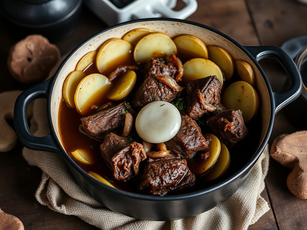 Perunoita ja naudanlihaa haudutettuna padassa