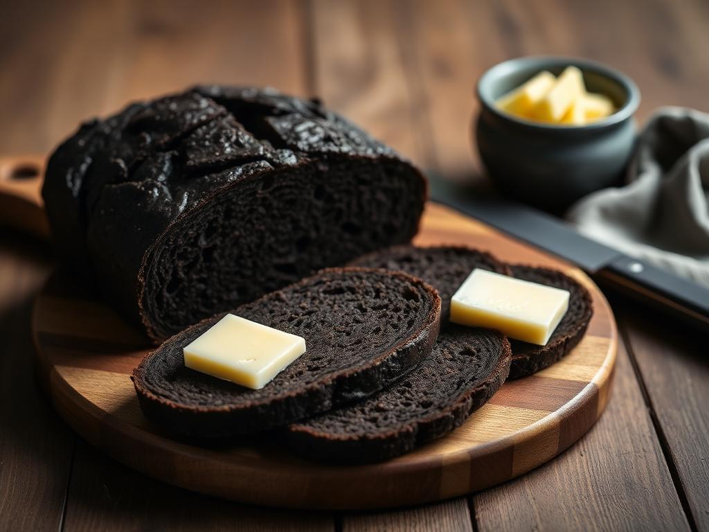 Tummaa makeaa leipää viipaleina leikkuulaudalla