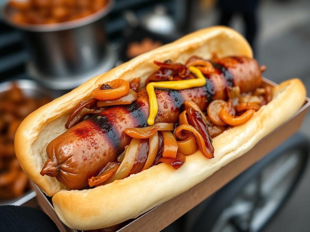 Grillattu makkara sämpylässä paistetun sipulin kanssa