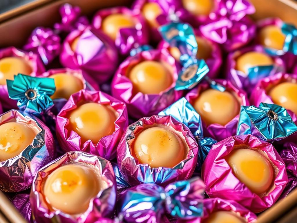 Värikkääseen folioon käärittyjä makeisia leipomon tiskillä