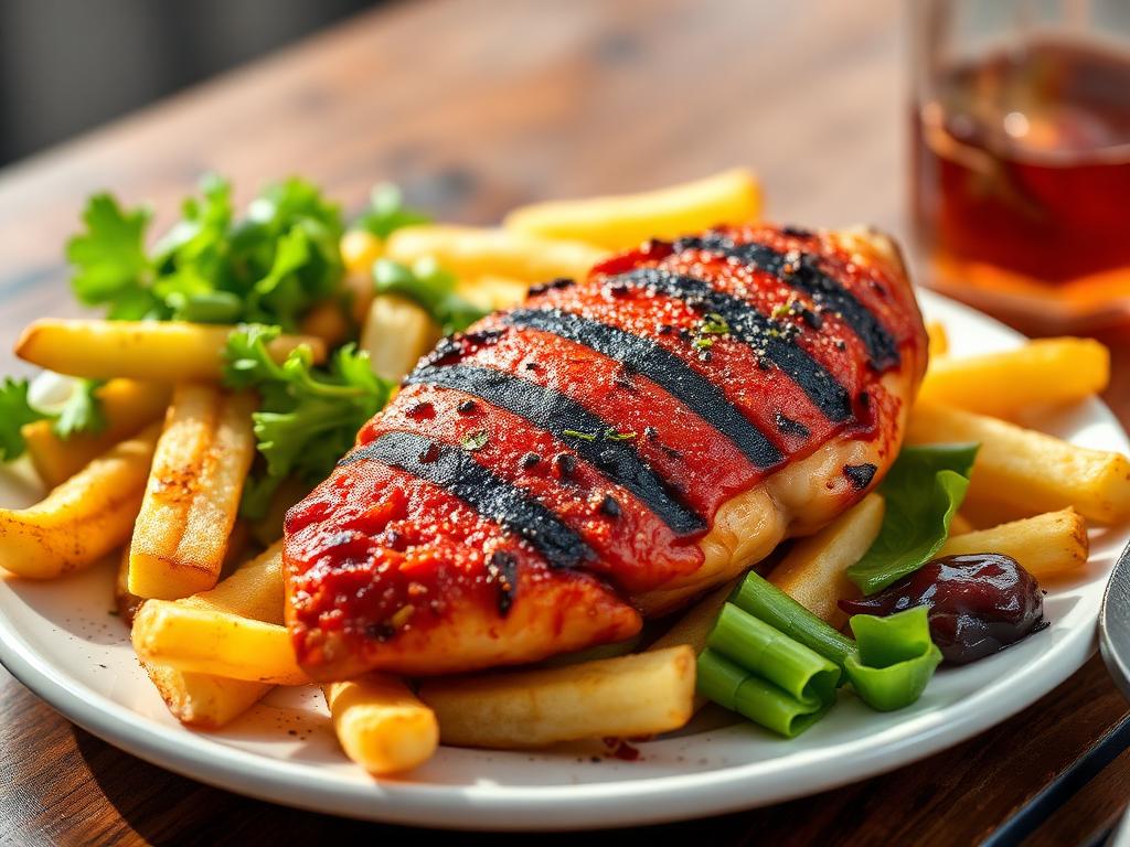 Grillattua chilikanaa lautasella ranskalaisten ja salaatin kera