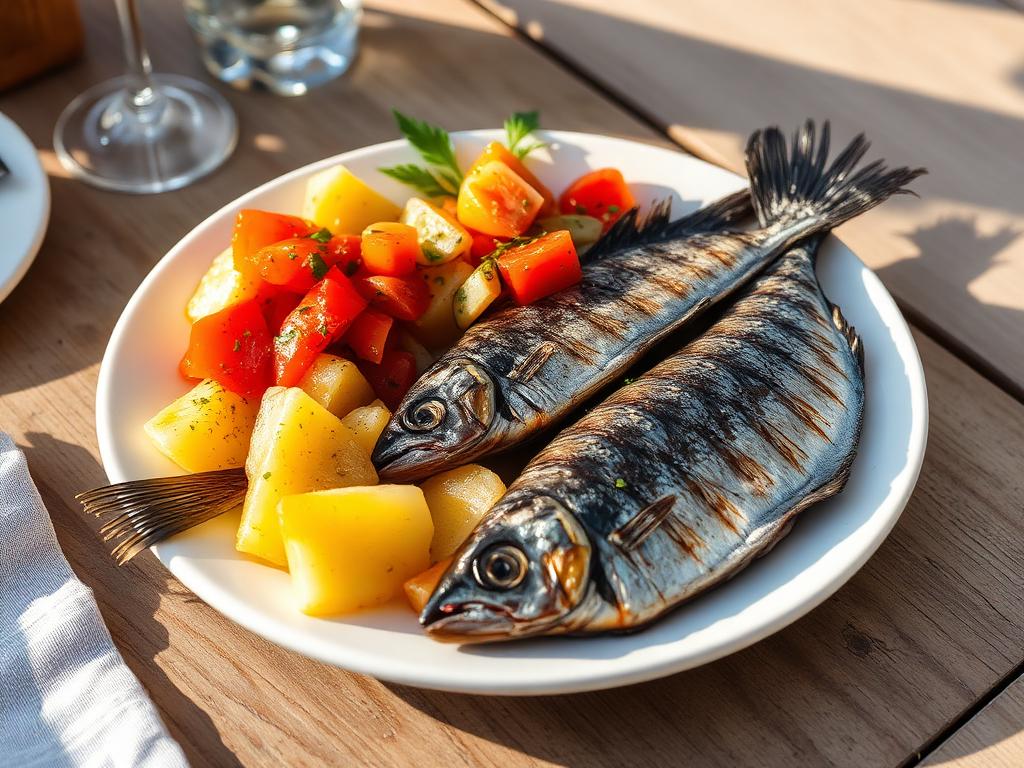 Grillattuja sardiineja lautasella perunoiden ja paprikasalaatin kera