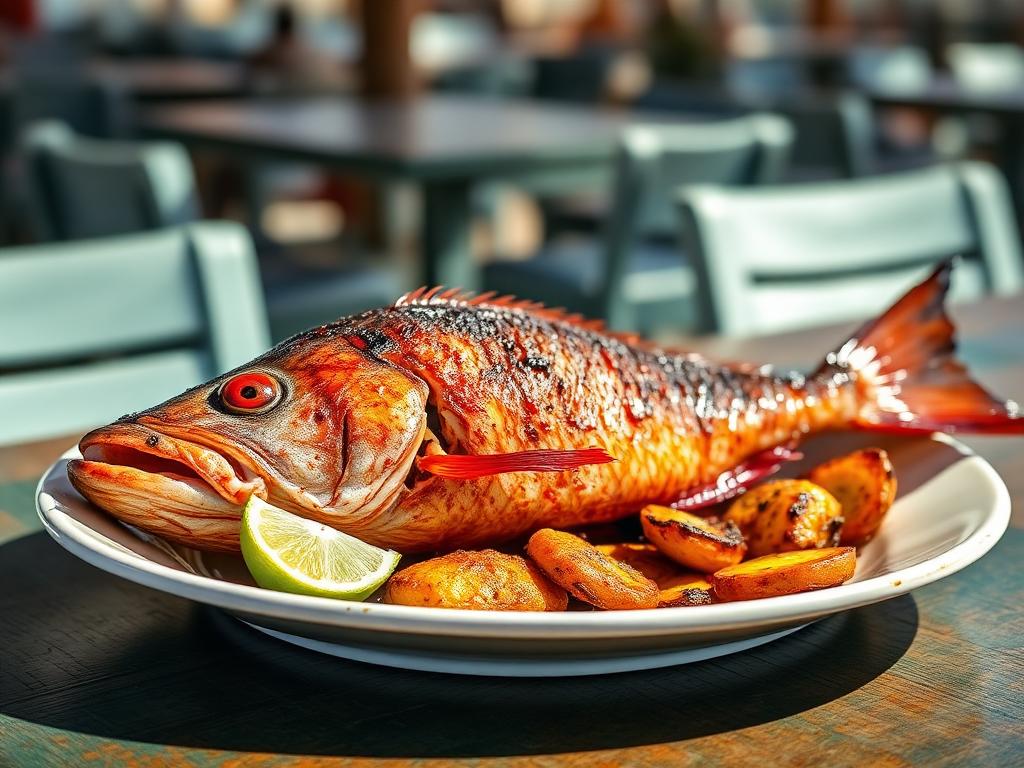 Kokonainen grillattu kala limettilohkojen kanssa lautasella