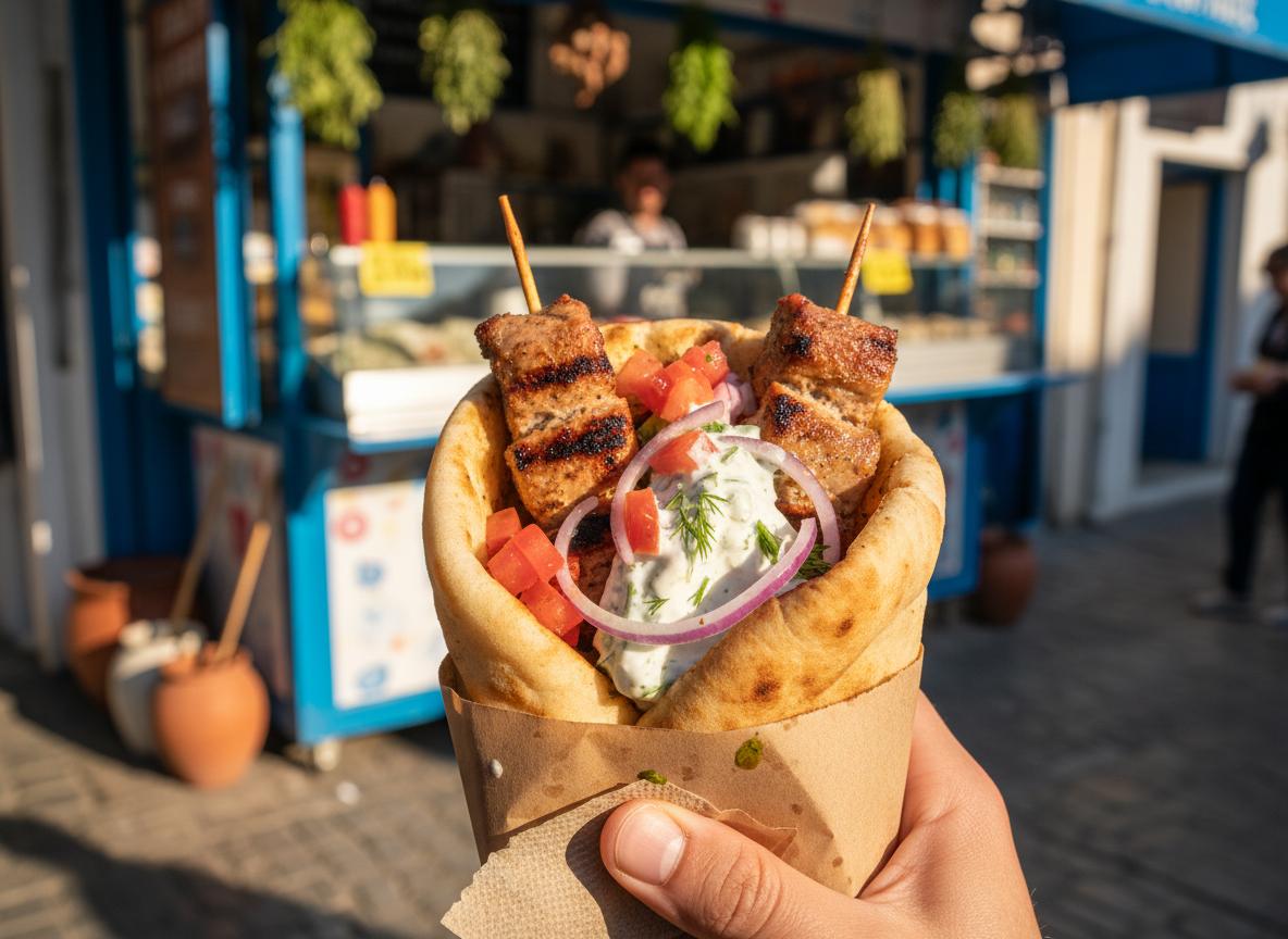 Souvlaki - grillattuja lihapaloja pitaleivän sisällä