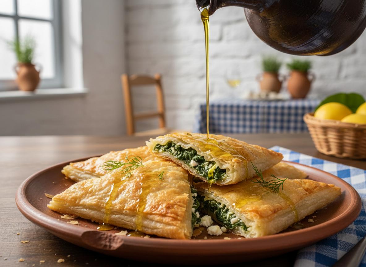 Spanakopita - pinaatti-fetapiirakka lehtitaikinassa