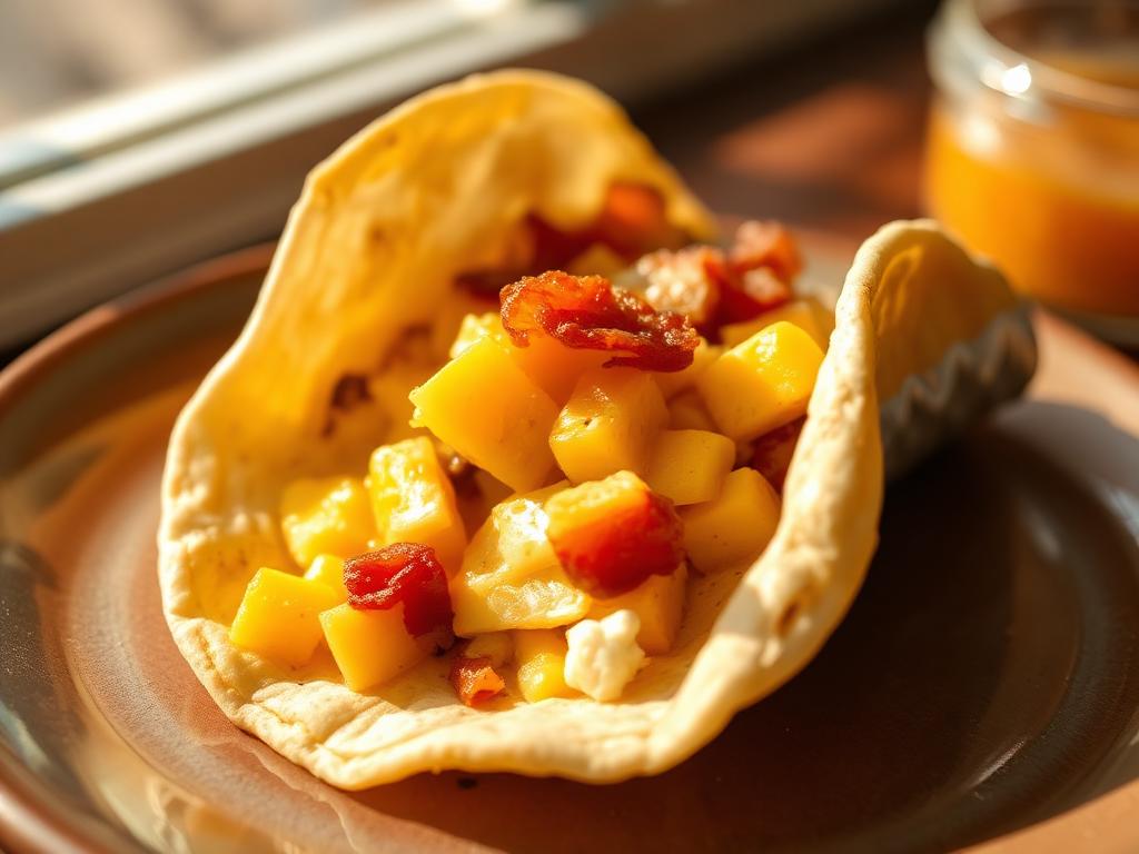 Auki taitettu tortilla munakokkelilla ja perunalla