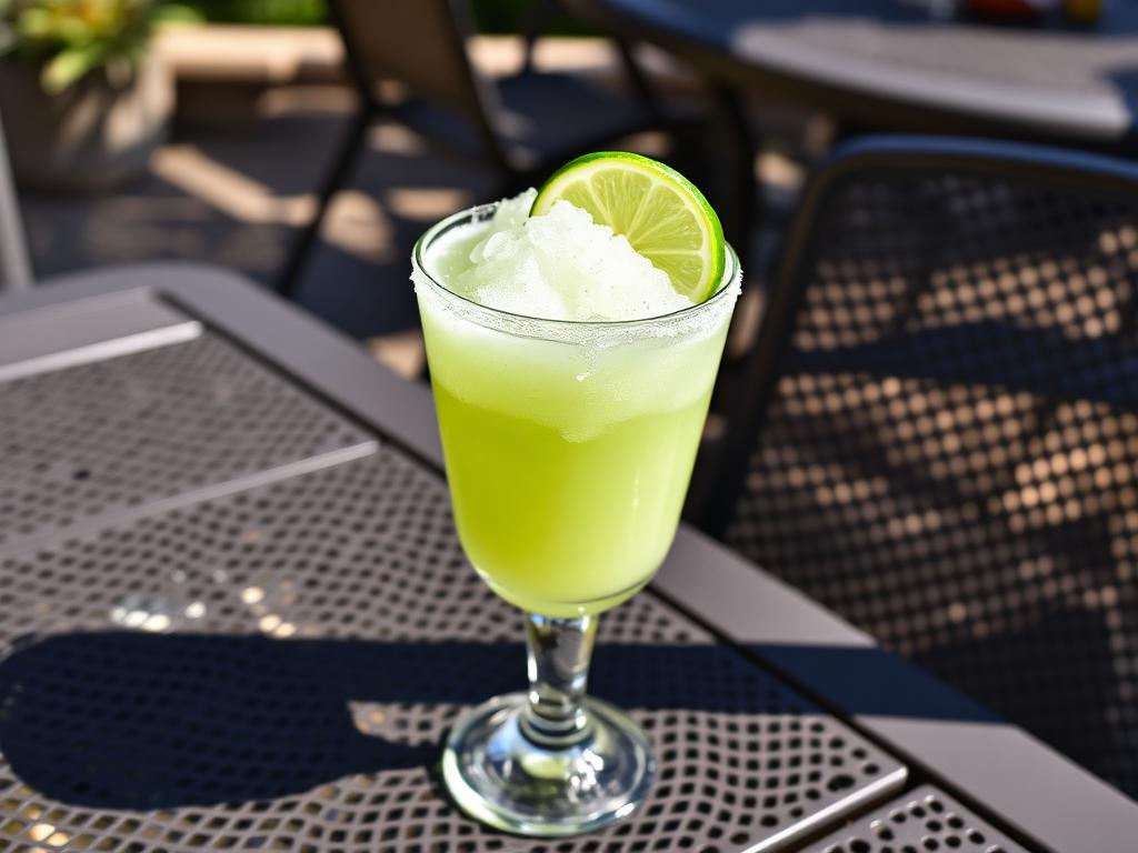 Vaaleanvihreä jäinen cocktail suolareunaisessa lasissa limeviipaleen kanssa
