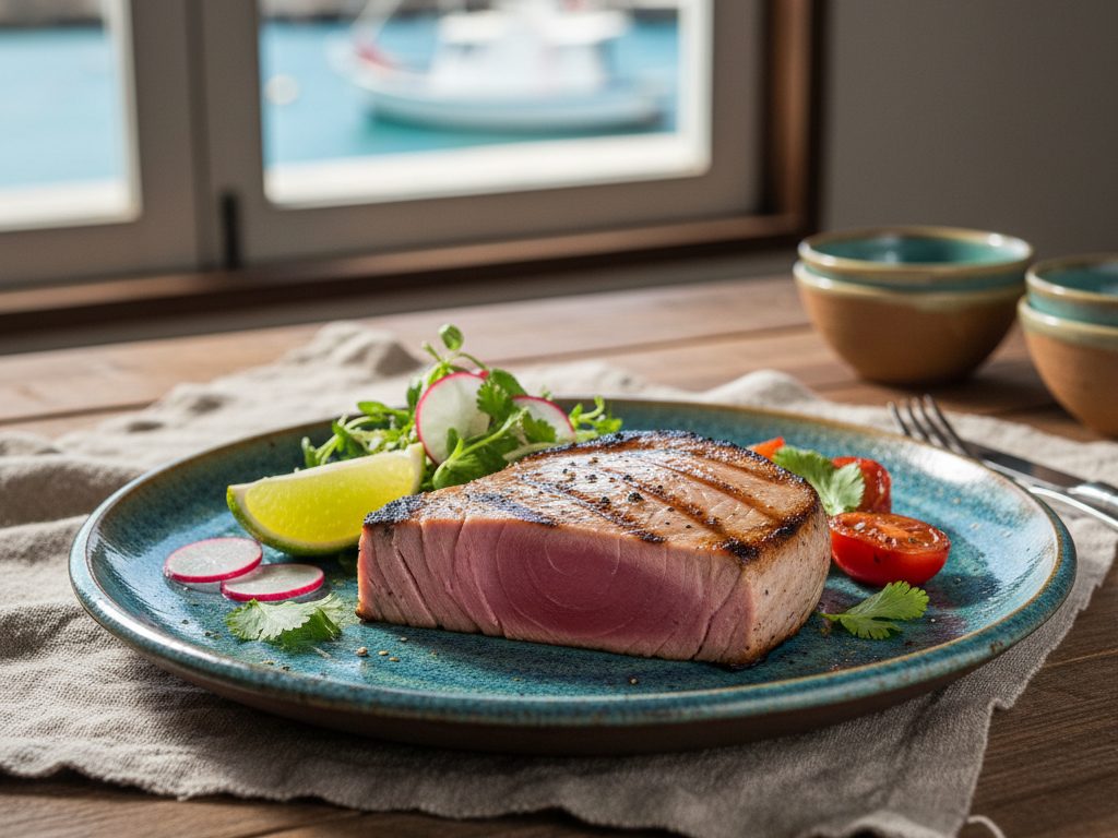 Grillattu tonnikalapihvi limelohkojen kera