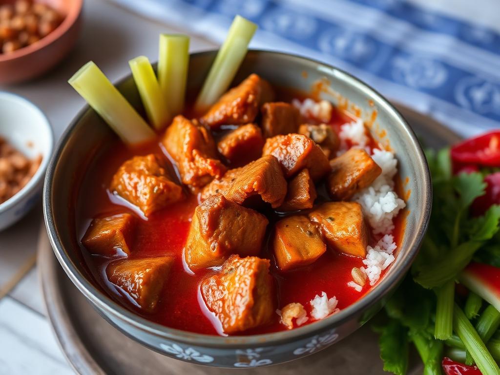 Haudutettuja porsaanpaloja punaisessa currykastikkeessa kulhossa