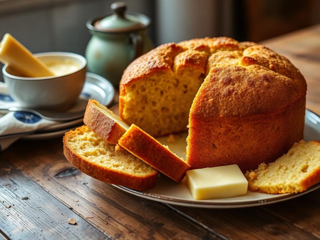 Kullanruskea pyöreä leipä viipaloituna lautasella