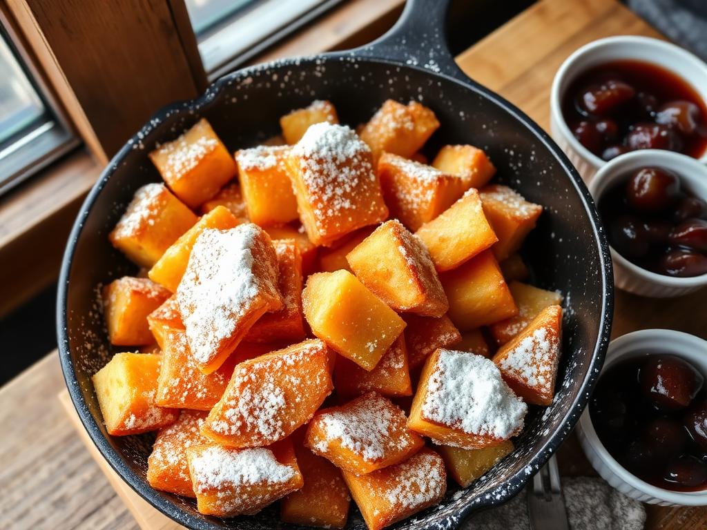 Revittyjä pannukakkupaloja tomusokerilla ja luumuhillolla lautasella