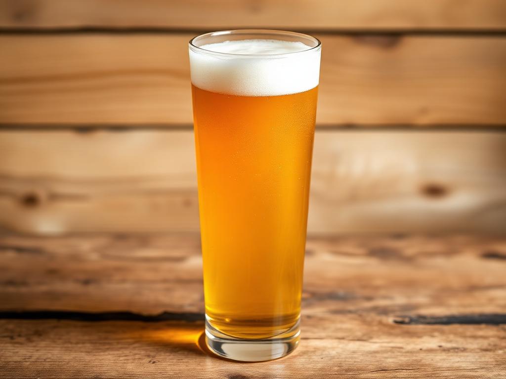 Korkea lasi sameaa vehnäolutta paksulla vaahdolla puupöydällä