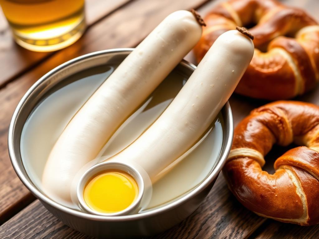Kaksi vaaleaa makkaraa vesiastiassa makean sinapin ja rinkelin kanssa