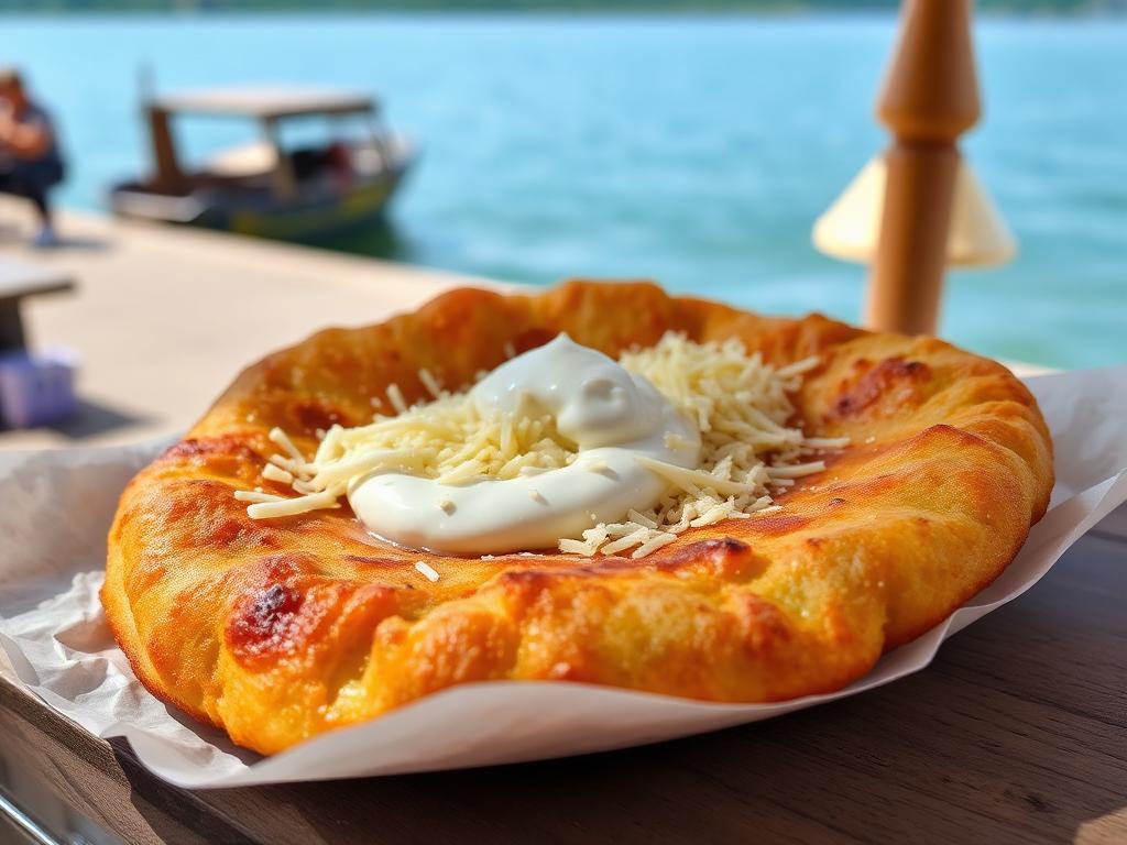 Uppopaistettu litteä leipä smetanan ja juustoraasteen peitossa