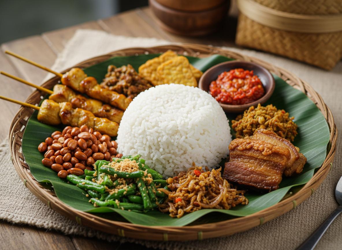 Nasi campur - riisiä useilla balilaisilla lisukkeilla