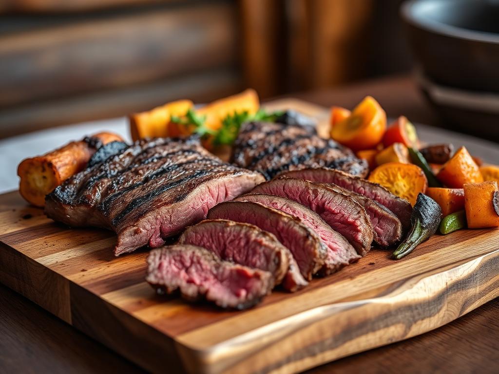 Grillattu naudanpihvi puulaudalla paahdettujen juuresten kanssa