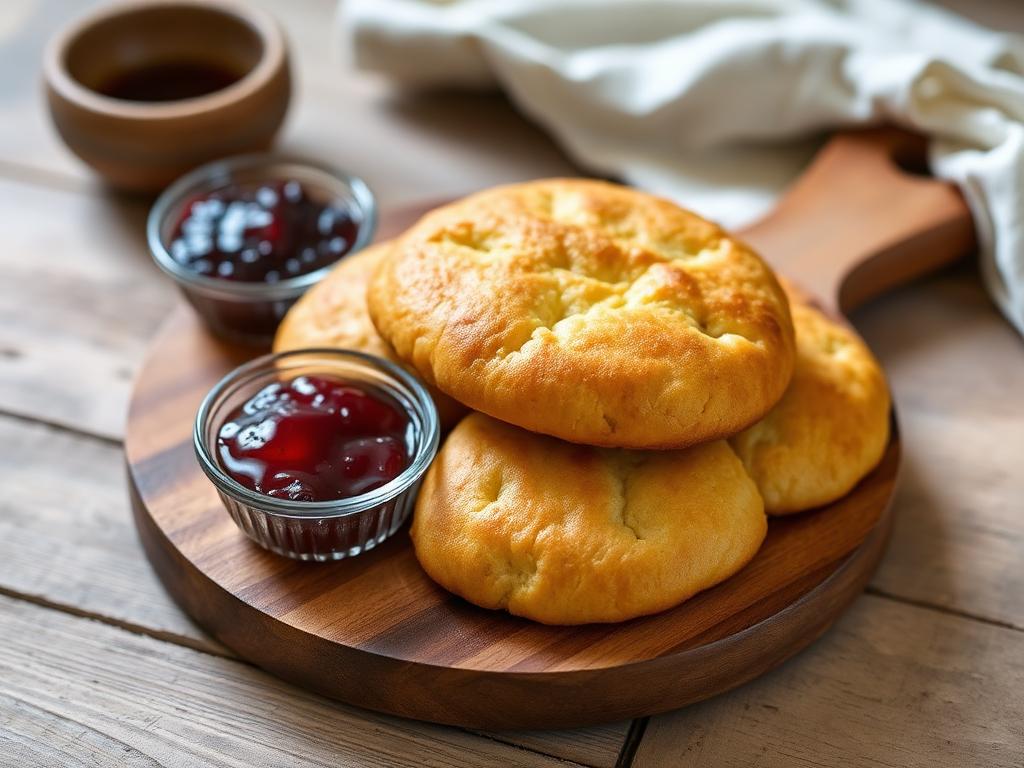 Pyöreä paistettu leipä puulaudalla marjahillon kanssa