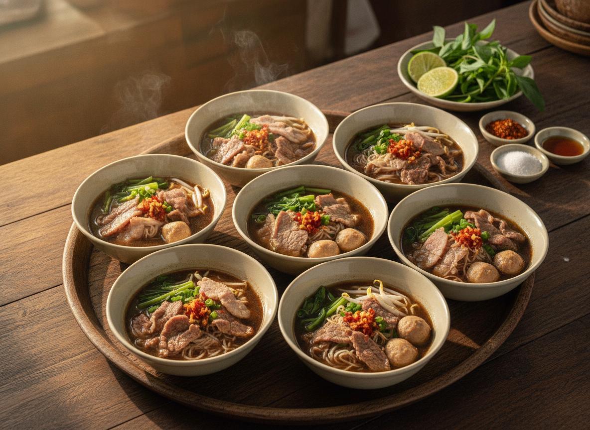 Boat noodles -nuudelikeittoja pienissä kulhoissa