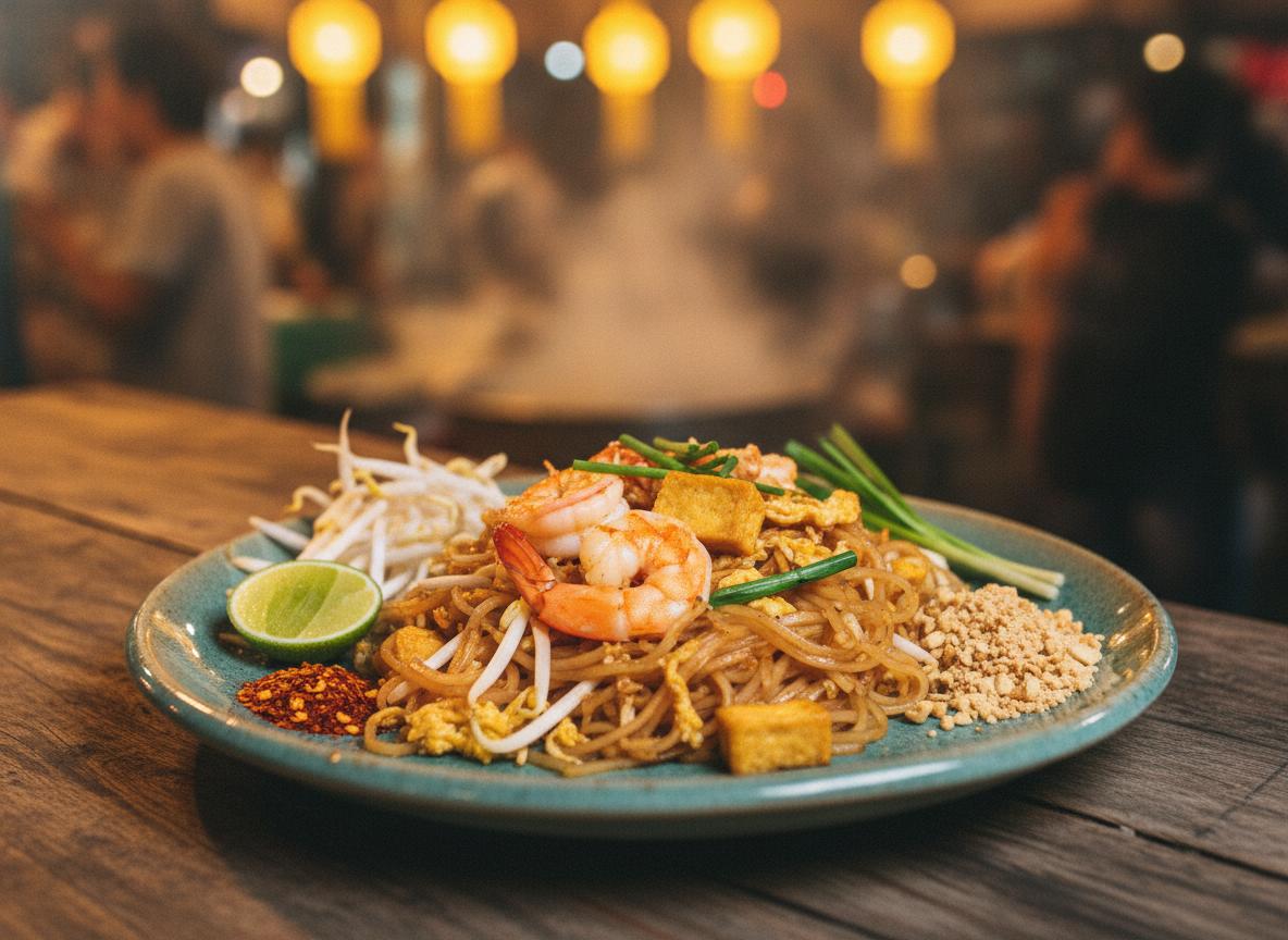 Pad thai -paistettuja riisinuudeleita lautasella
