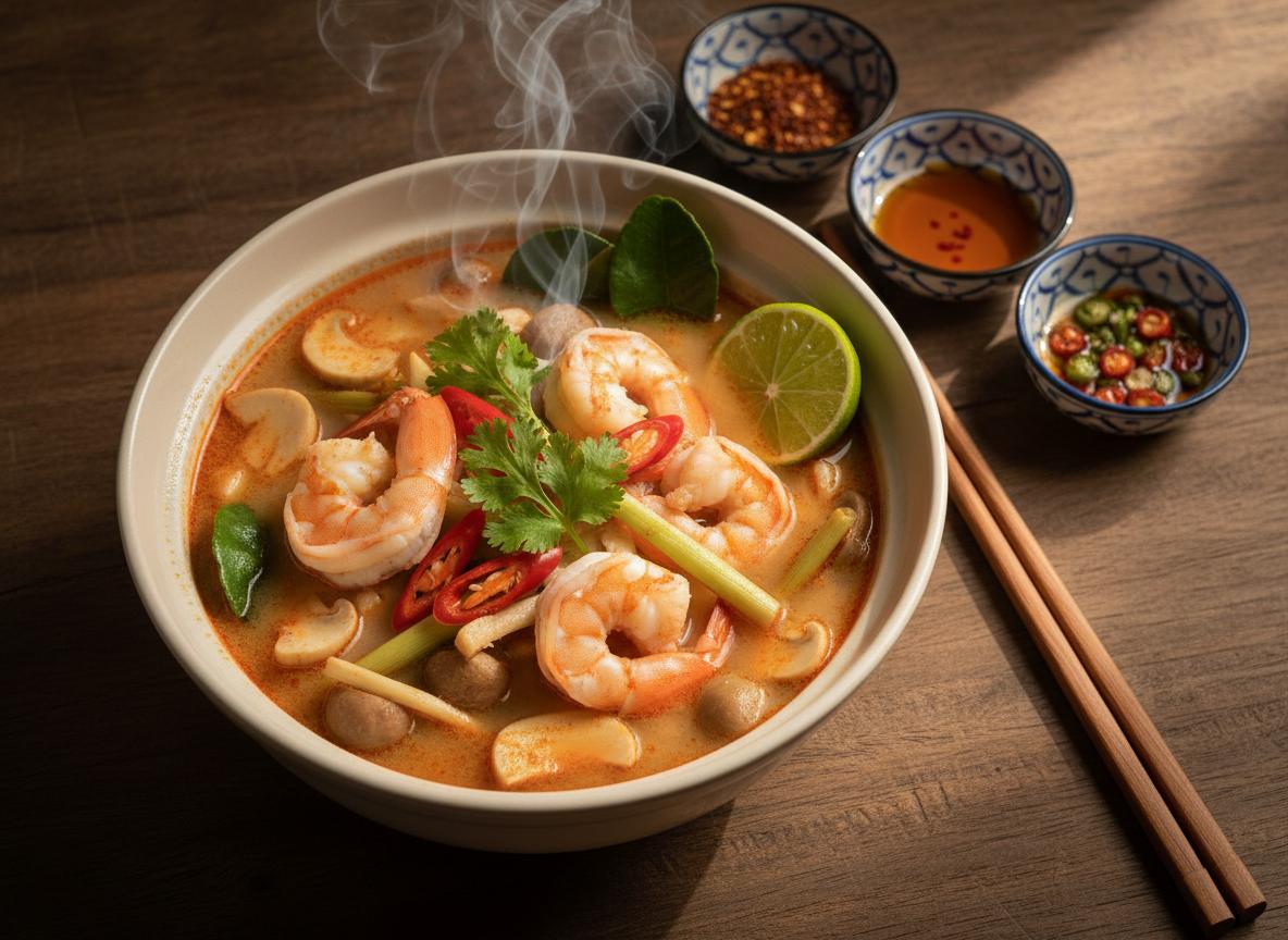 Tom yum kung -katkarapukeitto kulhossa