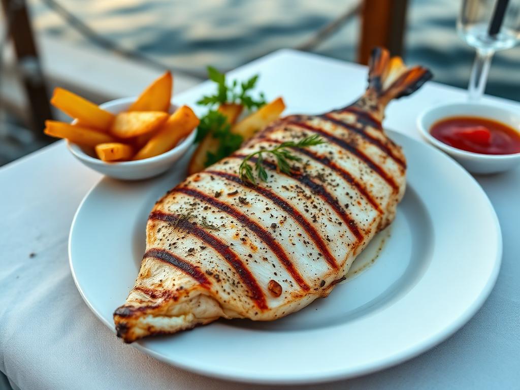 Grillattu kalapihvi hiiligrillin äärellä lautasella