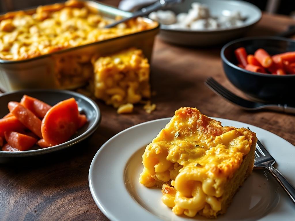 Neliöksi leikattu makaronijuustovuoka lautasella