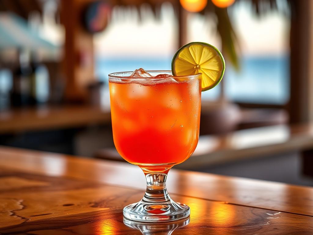 Oranssinpunainen rommidrinkki lasissa muskottiripauksen kanssa