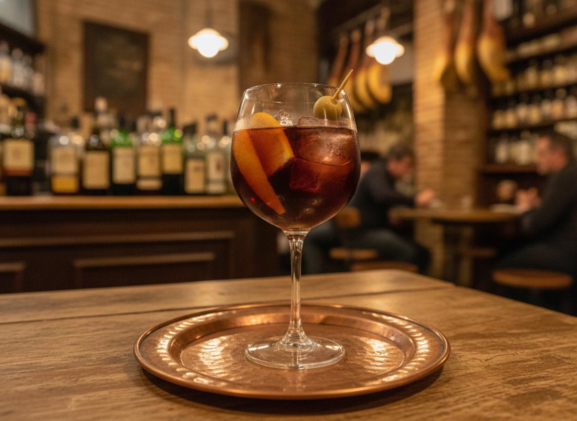 Vermut-lasi appelsiiniviipaleen ja oliivin kera