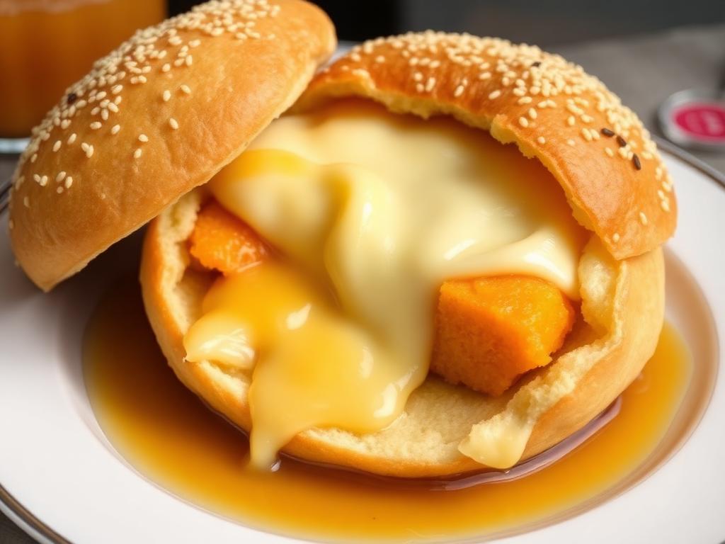Juustoleivos pyöreässä seesamsämpylässä lautasella