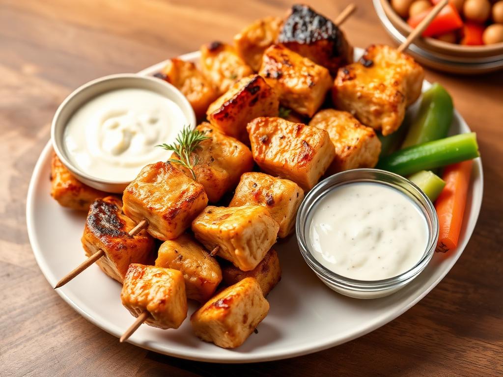 Grillattuja kanapaloja vartaissa valkoisen tahnan kanssa