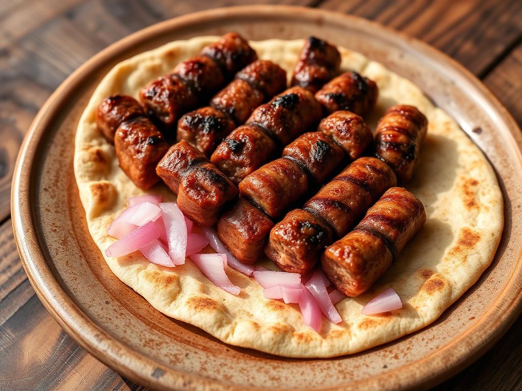 Grillattuja jauhelihatankoja litteän leivän päällä sipulin kanssa