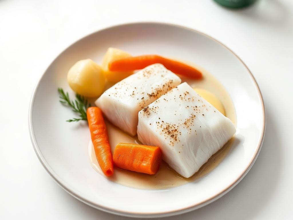 Keitettyä valkoista kalaa perunoiden ja porkkanamuusin kanssa