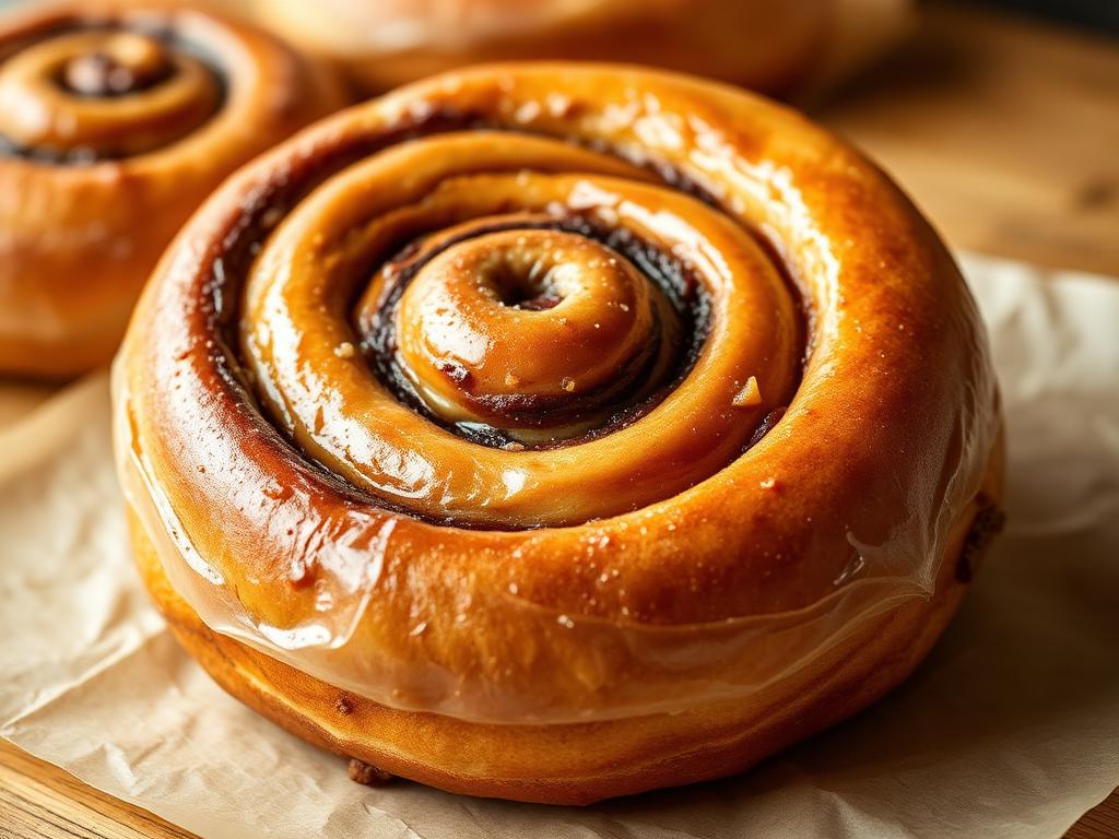 Suuri pyöreä kanelipulla leipomon tiskillä