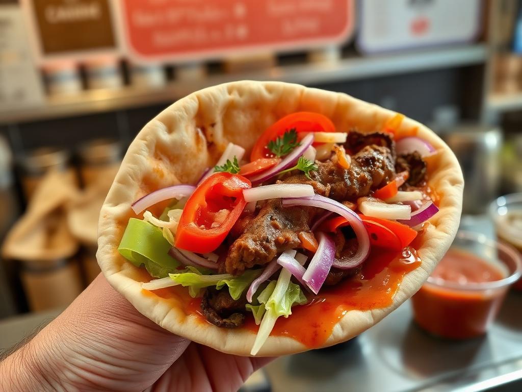Kebab-taskuleipä kasvisten ja kastikkeiden kera