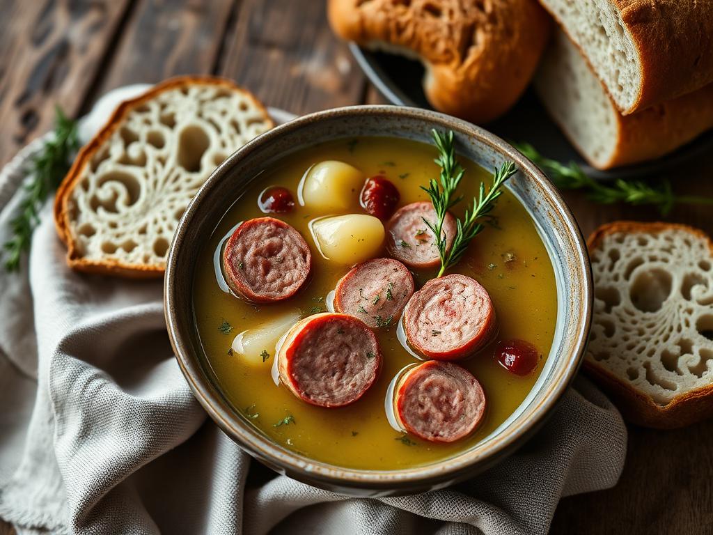 Paksu perunakeitto makkaraviipaleiden kanssa kulhossa