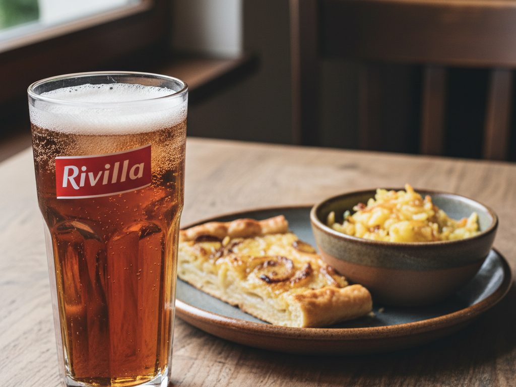 Rivella-juomapullo ja täytetty lasi pöydällä
