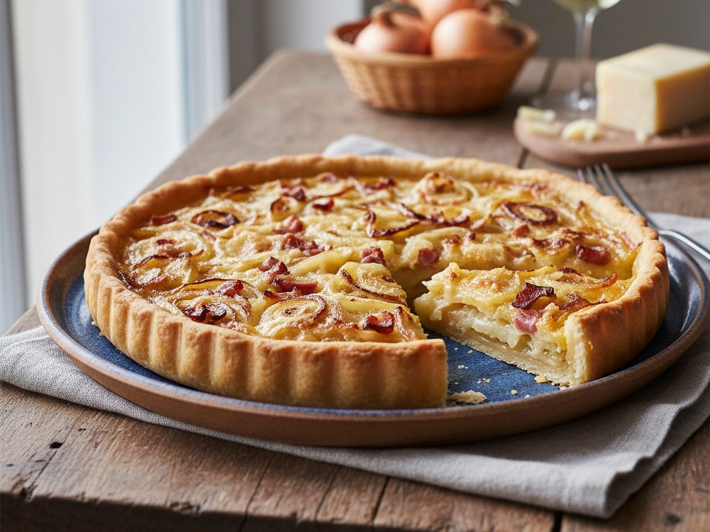 Pieni sipulitäytteinen piirakka leikattuna