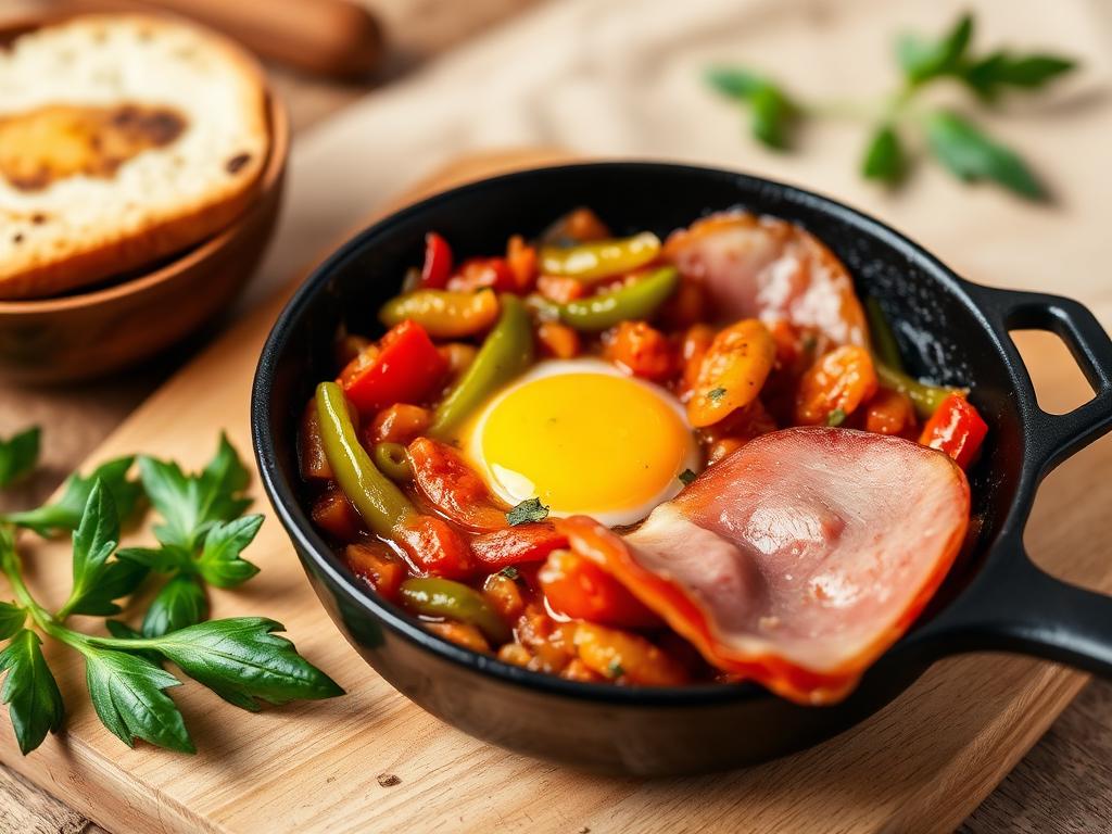 Paprika- ja tomaattimuhennos kananmunan kanssa pannussa