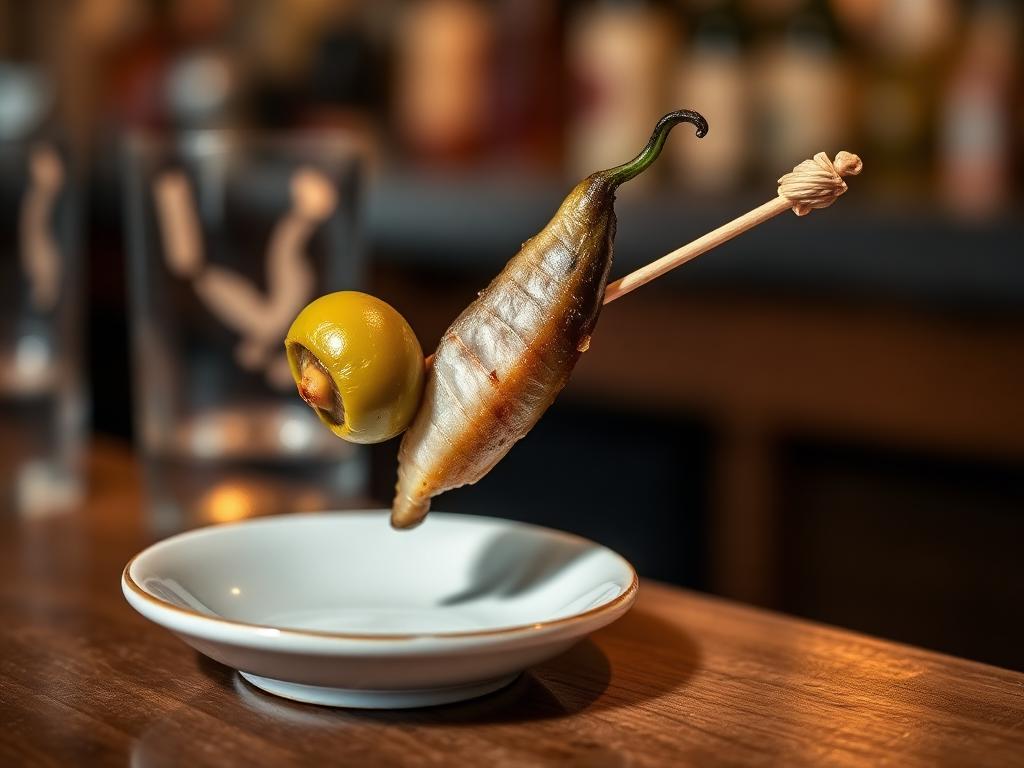 Vartaaseen pujotettu oliivi, vihreä chili ja sardelli baaritiskillä